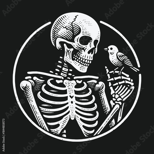 Monochrome vintage illustration of a human skeleton holding a small bird.
