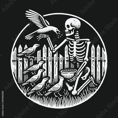 Black and white illustration of a skeleton feeding crows by a picket fence.