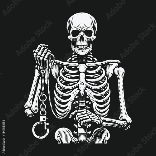 Vintage engraving style skeleton holding broken shackles symbolizing freedom.