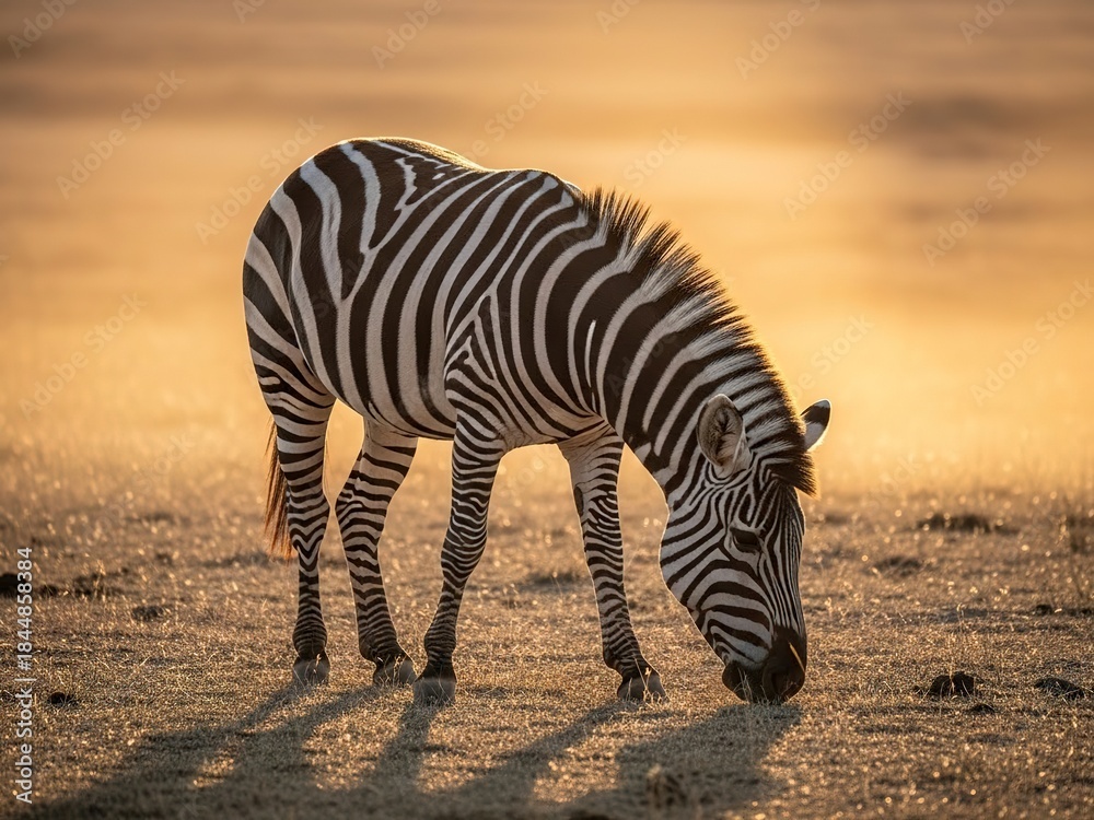 Obraz premium Zebra grazing peacefully in savannah during golden hour sunset