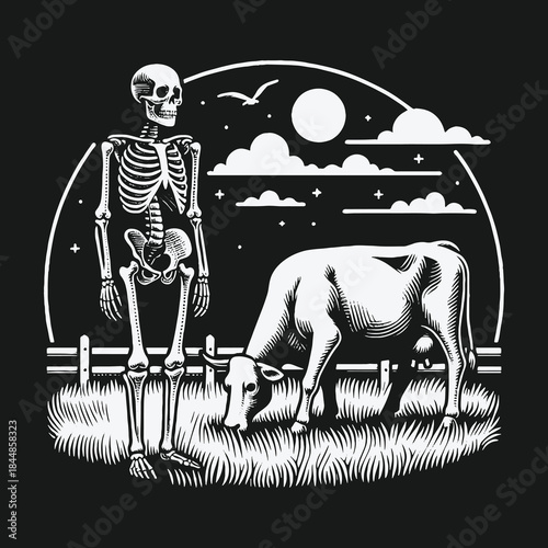 A surreal black and white illustration of a skeleton watching a cow graze at night.