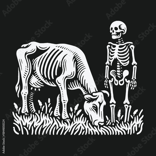 Gothic illustration of a human skeleton and a cow skeleton in a field.