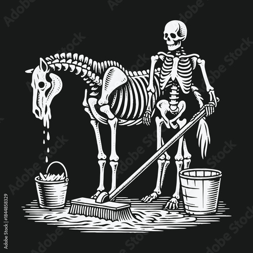Surreal Gothic Scene of a Skeleton Cleaning a Melting Horse.