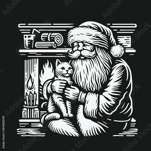 Vintage woodcut style illustration of Santa Claus holding a cat by a cozy fireplace.