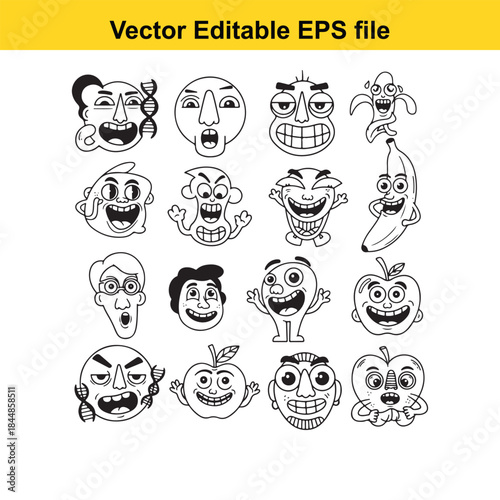  collection of 15 cartoon faces with various emotions and expressions in editable vector format for design
