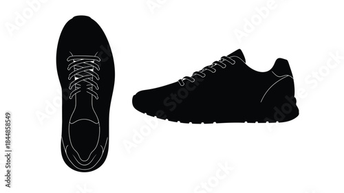 A silhouette depiction of a modern sneaker showcasing the design from both side and top views