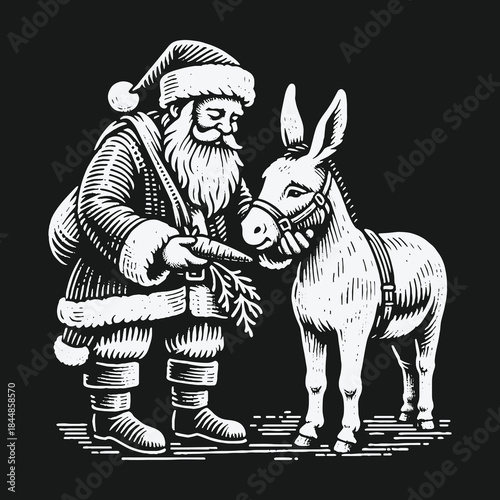 Vintage woodcut illustration of Santa Claus feeding a donkey a carrot on a black background.