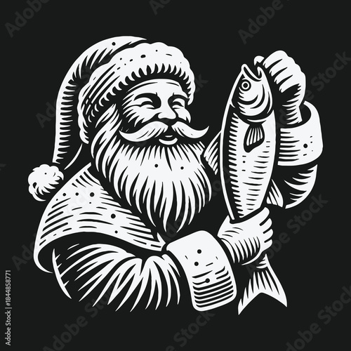 Jolly Santa Claus holding a large fish black and white illustration.