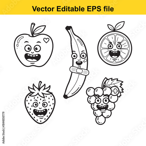  a set of five cartoon fruits with smiling faces in black and white line art