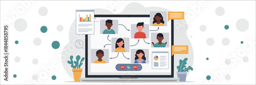 Illustration of a group video conference call on a laptop screen showing multiple diverse participants connected by arrows, symbolizing remote teamwork, global business networking, and virtual communi