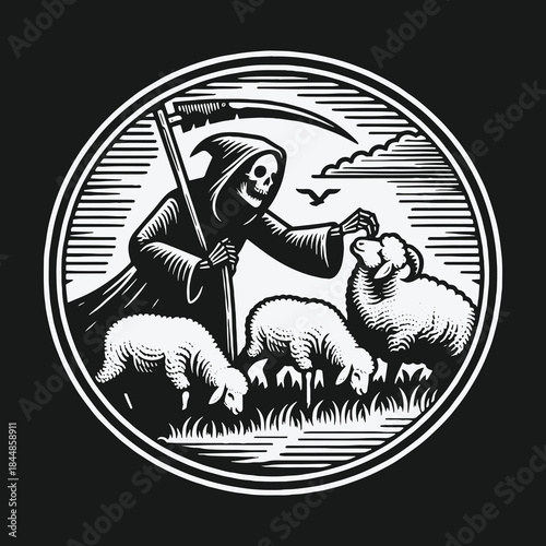 The Grim Reaper as a gentle shepherd with his flock of sheep.
