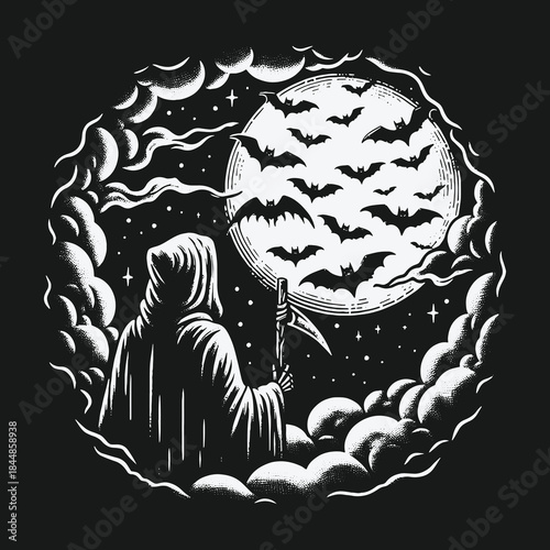 Grim Reaper with scythe watching bats fly in front of a full moon.