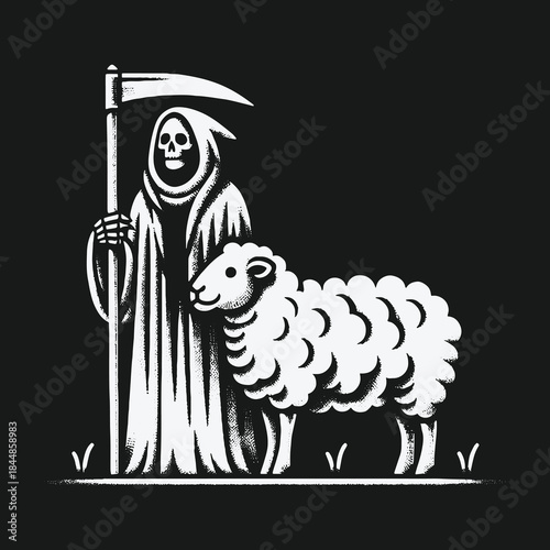 The Grim Reaper standing with a fluffy white sheep.