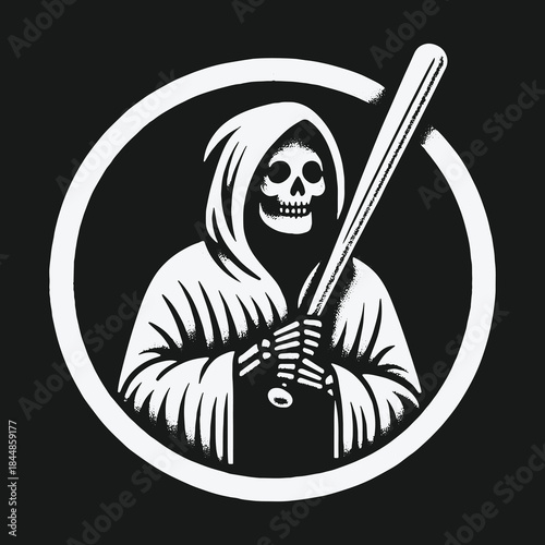 Circular emblem of a skeleton grim reaper holding a baseball bat.