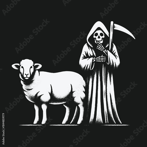 The Grim Reaper with a scythe standing next to a sheep.