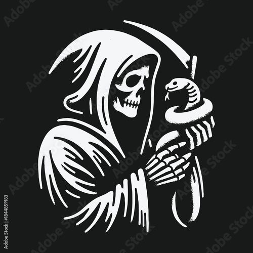 Grim Reaper skeleton with scythe holding a snake black and white illustration.