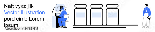 Healthcare, scientific research, vaccine production, medical industry, innovation, pharmaceutical studies. A healthcare worker using equipment and vaccine bottles. Healthcare and scientific research