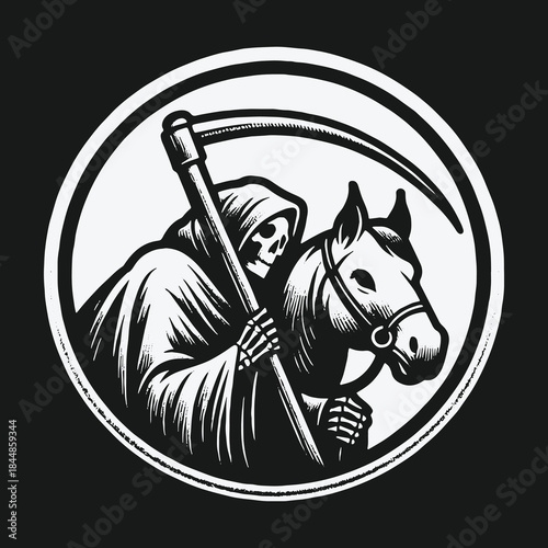Grim Reaper with scythe riding a horse vector emblem.