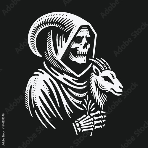 Dark art illustration of a horned grim reaper holding a goat.