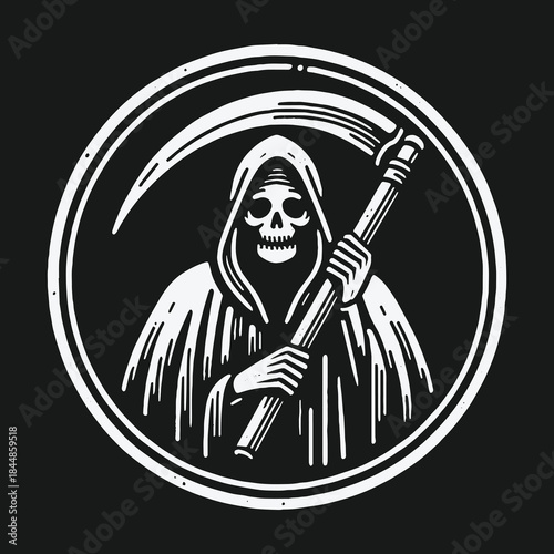 Black and white Grim Reaper emblem with scythe vector illustration.
