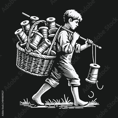Vintage woodcut illustration of a young boy carrying a basket of thread spools.