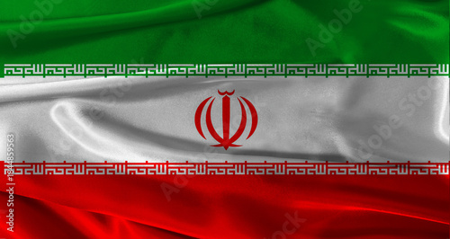 Flag of Iran with fabric textured background. Close up of National flag of Iran with realistic texture