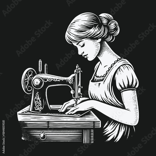 Vintage black and white illustration of a seamstress at work.