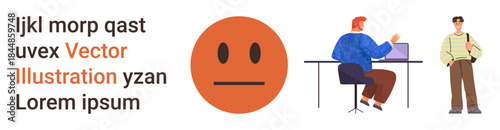 Technology, communication, team collaboration, emotive symbols, business scenarios, human interaction. Neutral emotion face, seated individual working on a laptop and standing man. Technology