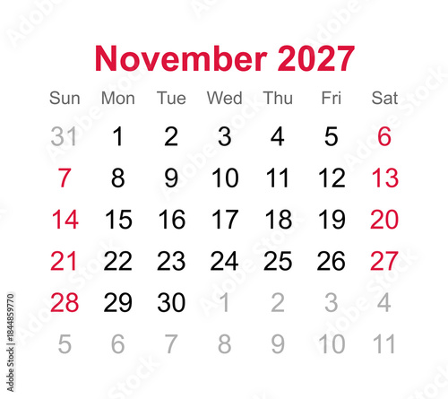 Monthly calendar of November 2027