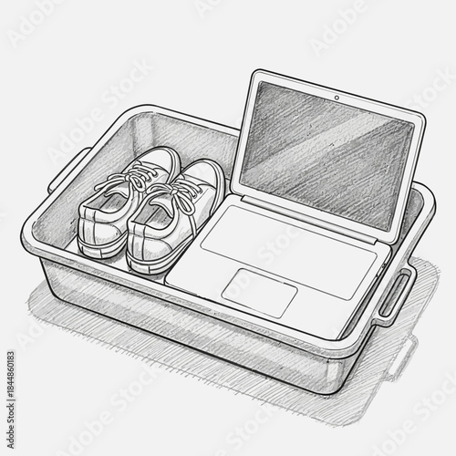 Organized workspace with laptop and sneakers placed inside a plastic container for easy storage