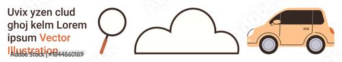 Technology, cloud computing, search tools, mobility, data storage, research. Minimalist design showing cloud, magnifying glass and car. Cloud computing and search tools concept