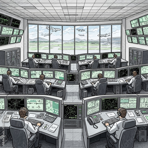 Air Traffic Control Tower with Operators Monitoring Flights and Airspace