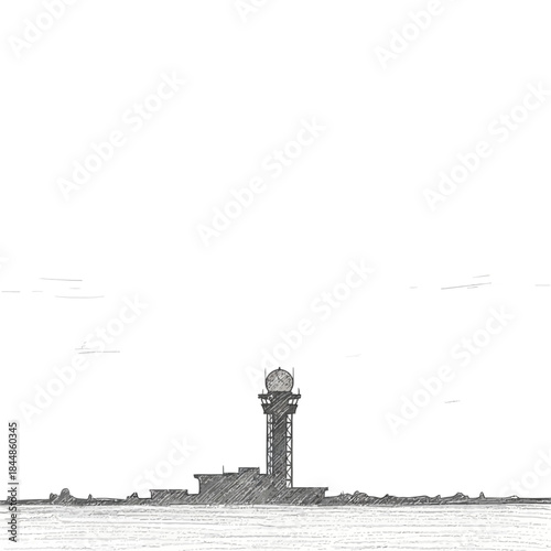 Black and White Image of an Old Airport Control Tower with Runways and Clouds