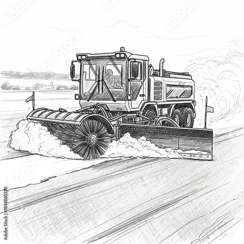 Detailed black and white sketch of a street sweeper cleaning city streets with smoke and motion