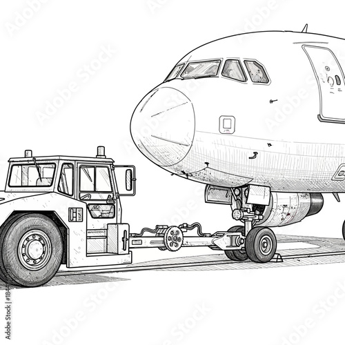Detailed black and white sketch of an airplane being towed by a tug vehicle on a plain background