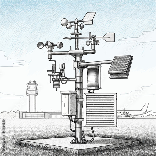 industrial weather station with sensors, solar panel, and monitoring equipment on grass field at