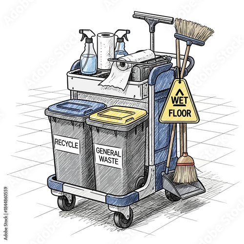Janitorial Cleaning Cart with Wet Floor Sign and Cleaning Supplies for Maintenance and Janitorial