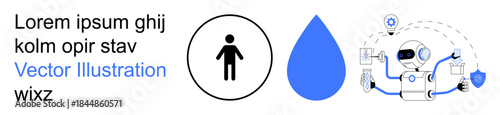 Artificial intelligence, sustainability, water conservation, robotics, technology automation, environmental care. Human icon, water droplet robotic figure interacting with tech elements. AI