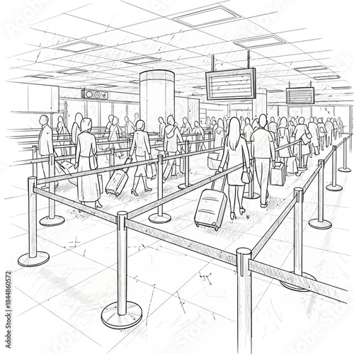 Line drawing of busy airport check-in area with travelers queued and luggage on a modern terminal