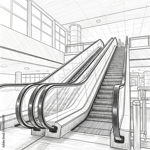 Minimalist black and white sketch of an indoor escalator inside a shopping mall or airport terminal