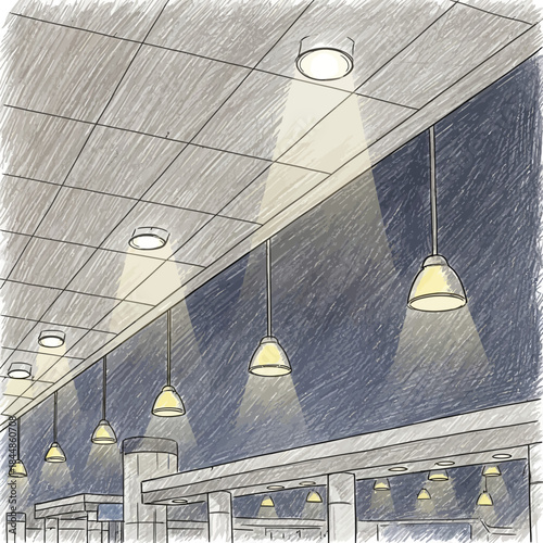 Modern indoor ceiling design with hanging pendant lights and ceiling lights illuminating a