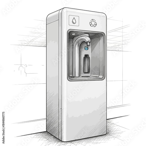 modern water fountain with recycling and hydration symbols in a public space