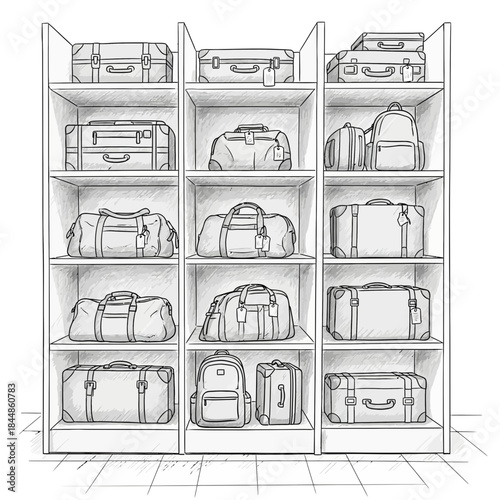 organized stainless steel locker shelves filled with various bags and luggage in a well-lit
