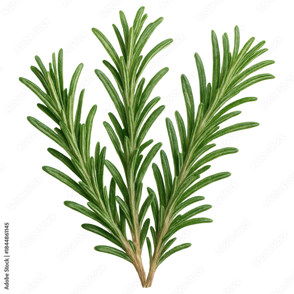 Fototapeta premium Fresh green rosemary sprigs with needle like leaves, aromatic herb used in cooking and natural remedies