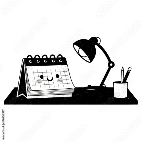 Cute anthropomorphic desk calendar with a smiling face alongside a modern desk lamp and stationery