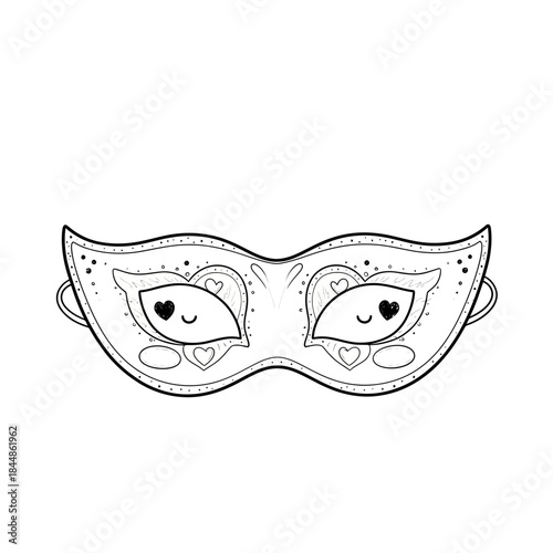 Elegant black and white carnival mask with heart-shaped eye designs suitable for masquerade events