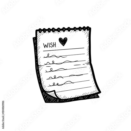 Hand-drawn wish list with heart symbol and lined paper in a sketch style piece