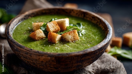Fototapeta Naklejka Na Ścianę i Meble -  Delicious Creamy Spinach Soup Topped with Golden Croutons in a Rustic Bowl.