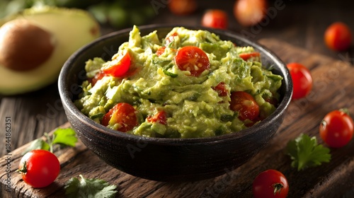 Delicious Homemade Guacamole in a Rustic Bowl with Fresh Ingredients.