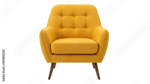 Modern armchair in a vibrant mustard yellow fabric with wooden legs, isolated on a transparent background for interior design